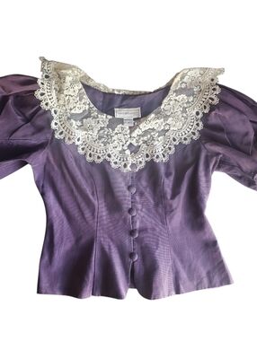 SCOTT McCLINTOCK Size 6 Purple Blouse White Lace Taffeta Puff Sleeve